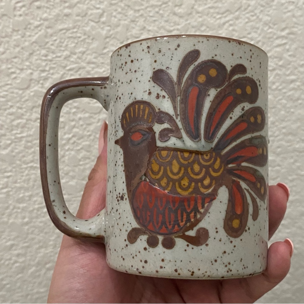 Lot 2 Vintage Otagiri Style Speckled Stoneware Rooster & Flower Mugs - Picture 10 of 13